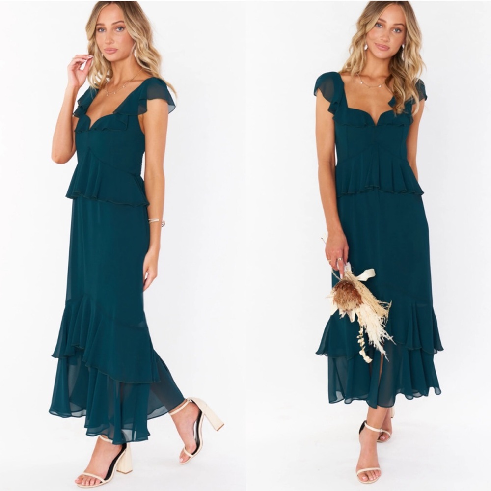 NEW Show Me Your Mumu Reese Ruffle Midi Dress Emerald Chiffon Size Large